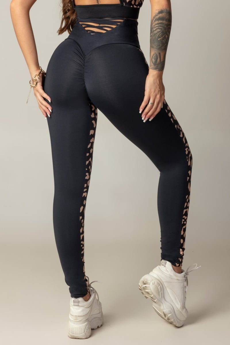 Hipkini - Leggings Game Fitness Black Animal Print and crossed strips in the waistband - 3339640