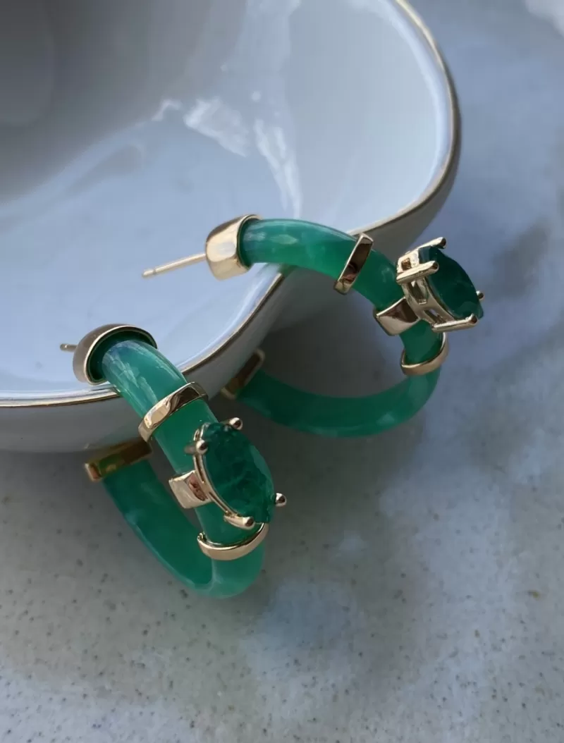 Mikabe - Earring Hoop Green Resin and Tourmaline Crystal - MK1403 Mikabe - Earring Hoop Green Resin and Tourmaline Crystal - MK1403