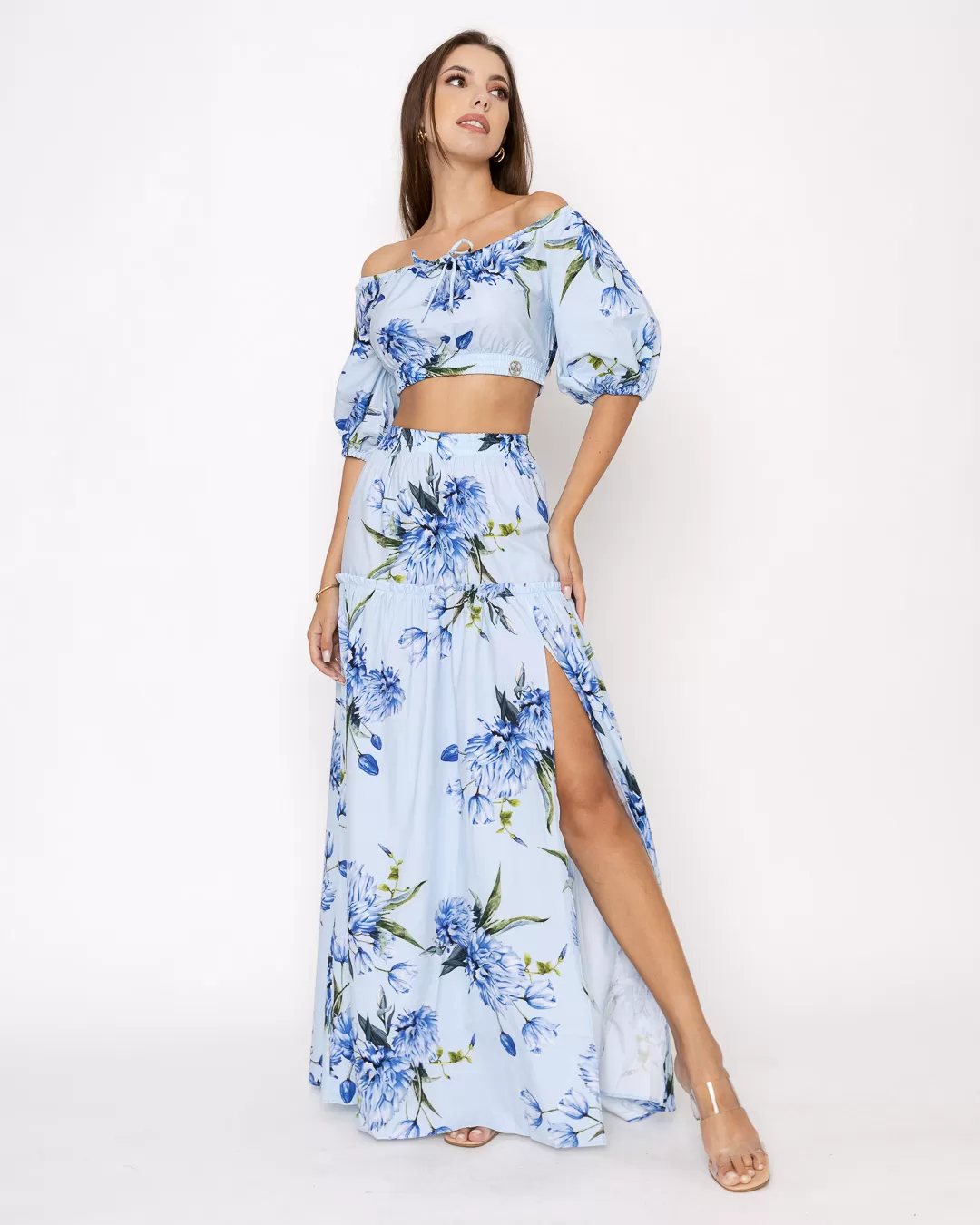 Miss Misses - Fitness Set Top and Pants Miss Misses Cropped and Skirt with Blue Floral Print - 18407AZUL