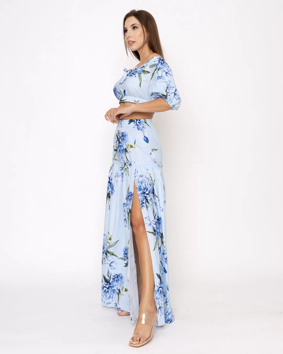 Miss Misses - Fitness Set Top and Pants Miss Misses Cropped and Skirt with Blue Floral Print - 18407AZUL