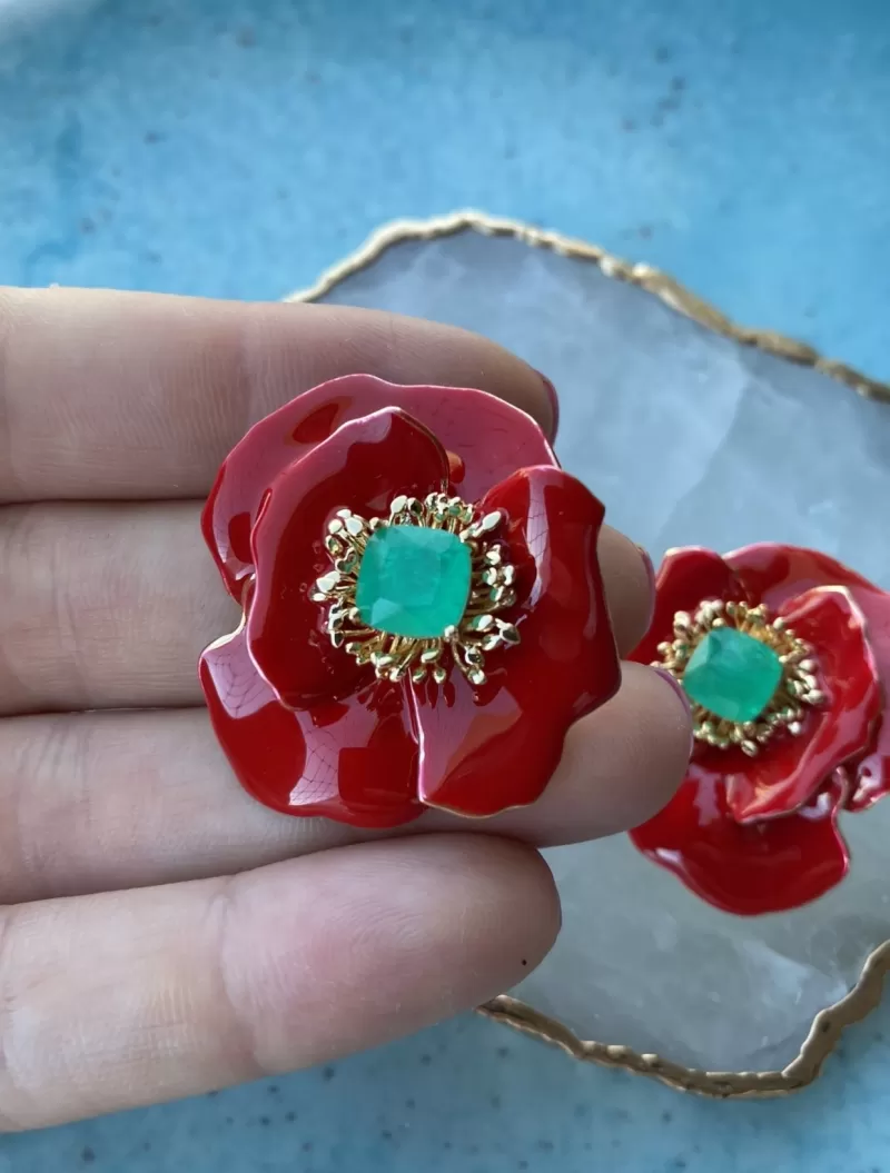Mikabe - Flower Earring Enamelled Red and Tourmaline Fusion - MK1446 Mikabe - Flower Earring Enamelled Red and Tourmaline Fusion - MK1446