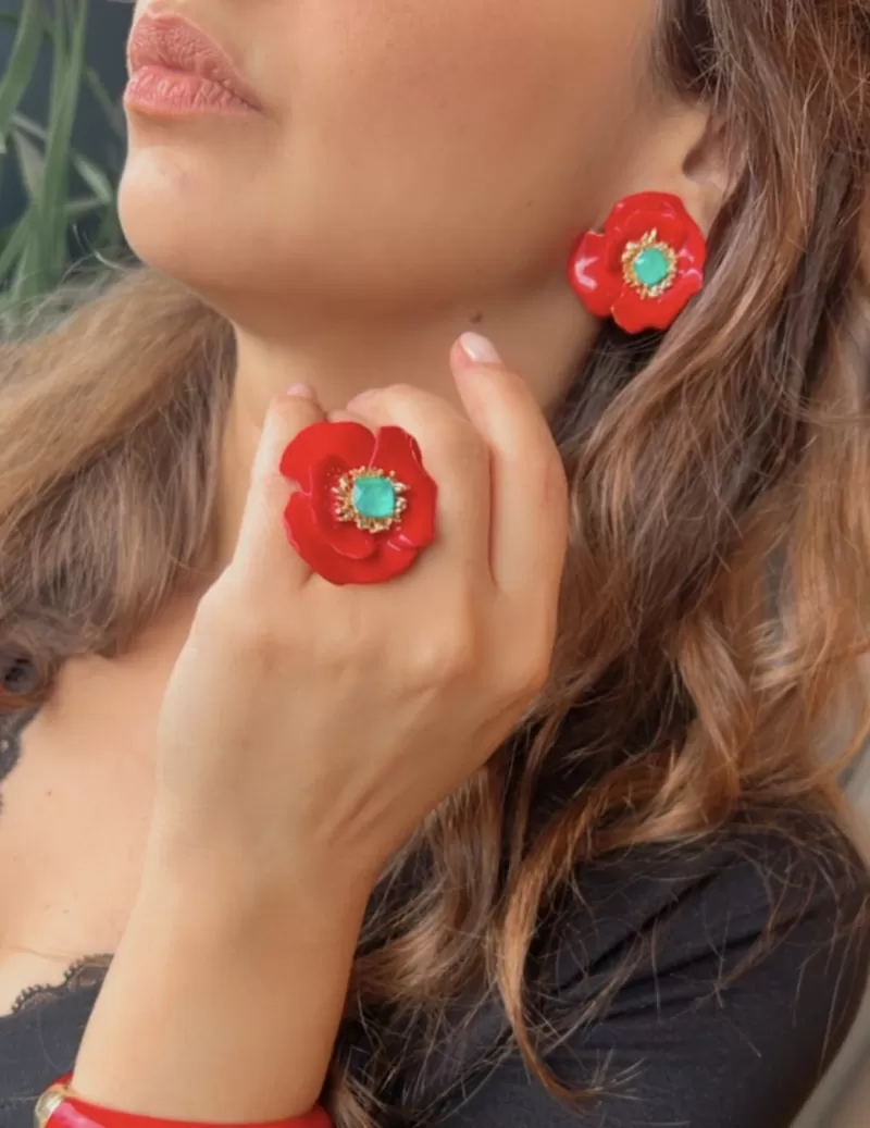 Mikabe - Flower Earring Enamelled Red and Tourmaline Fusion - MK1446 Mikabe - Flower Earring Enamelled Red and Tourmaline Fusion - MK1446