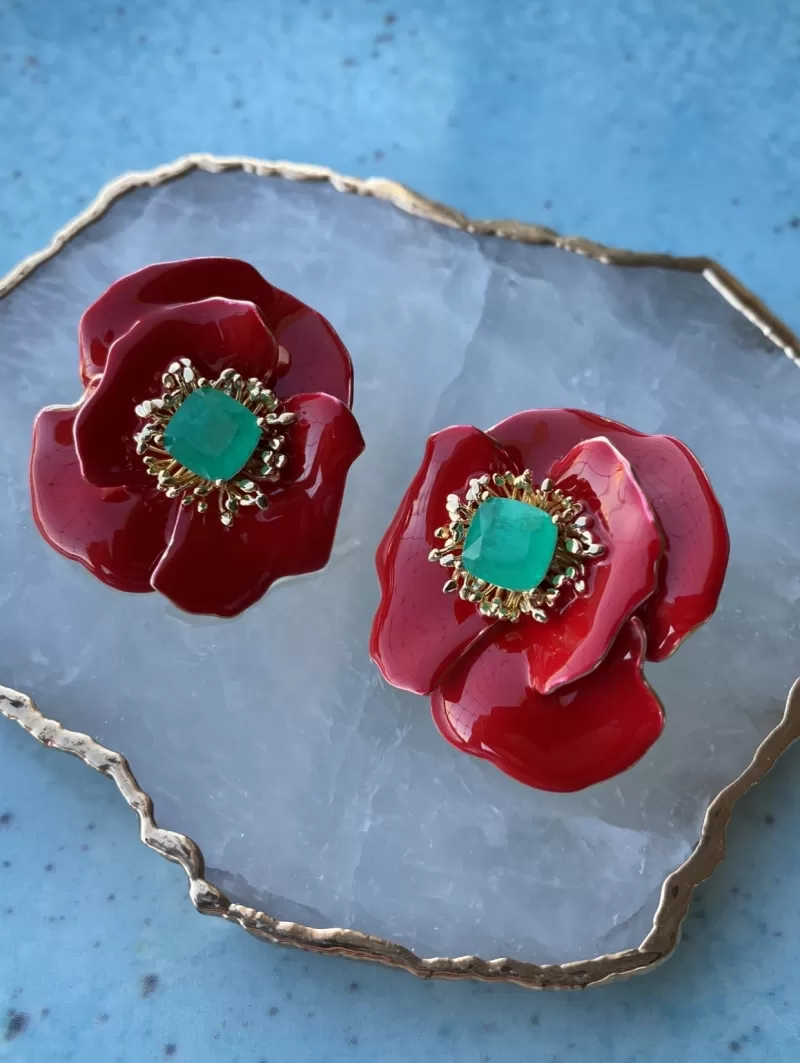 Mikabe - Flower Earring Enamelled Red and Tourmaline Fusion - MK1446 Mikabe - Flower Earring Enamelled Red and Tourmaline Fusion - MK1446