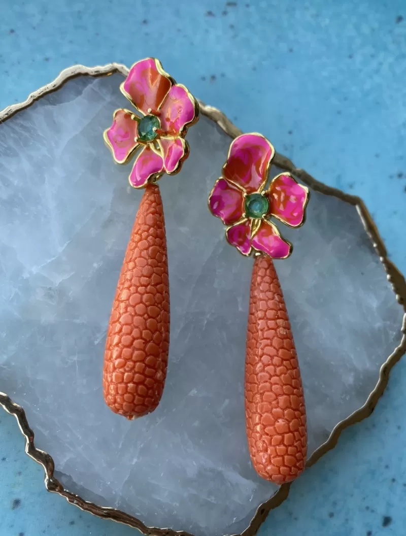 Mikabe - Earring Flower Pink Drop Resin Orange - MK1449