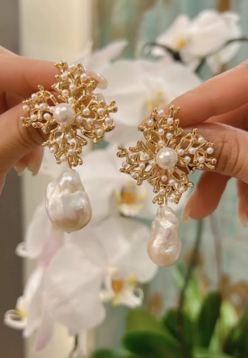 Mikabe - Earring Coral Gold and Pearls - MK1450
