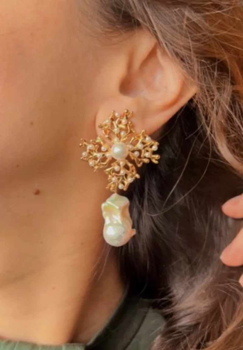 Mikabe - Earring Coral Gold and Pearls - MK1450